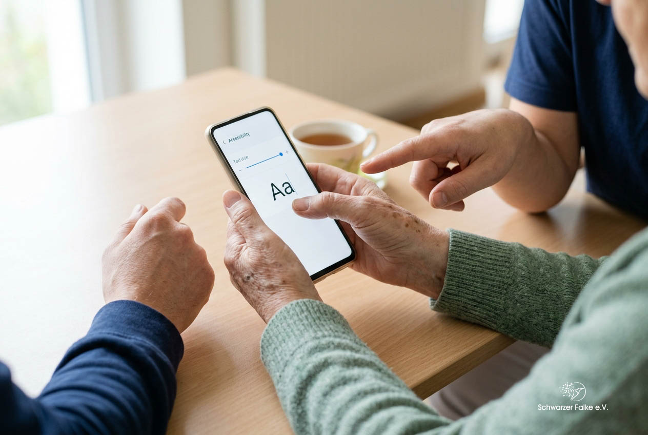 Nahaufnahme zweier Hände, die gemeinsam ein Smartphone mit groß eingestellter Schrift bedienen, keine Gesichter erkennbar.