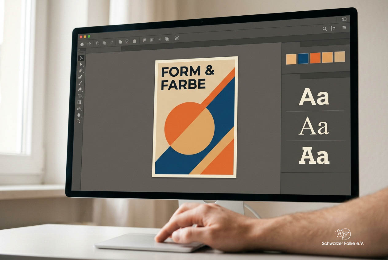 Nahaufnahme eines Bildschirms mit einem Plakat-Entwurf in einer Gestaltungssoftware, Schrift- und Farbproben im Fokus, im unscharfen Vordergrund eine Hand am Trackpad, keine Gesichter erkennbar.