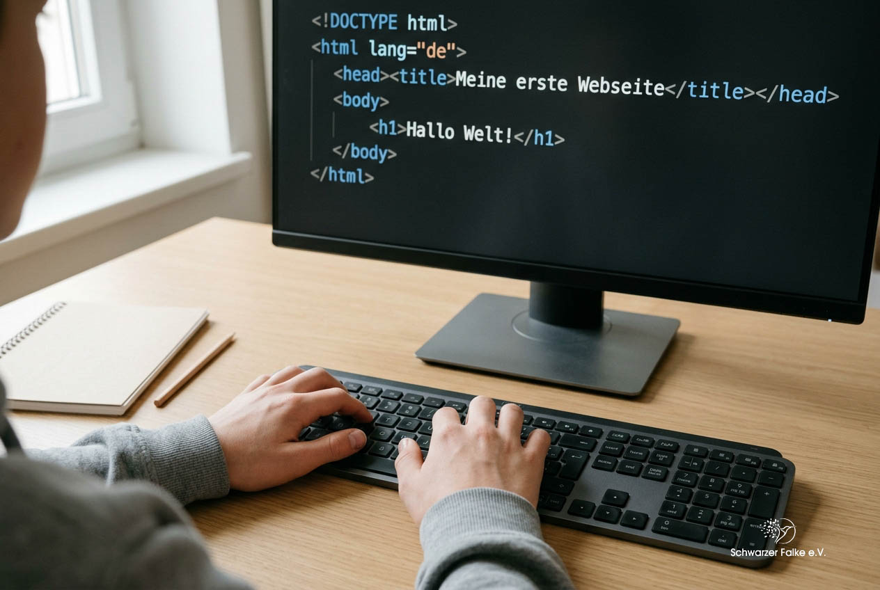 Nahaufnahme von Händen auf einer Tastatur vor einem Bildschirm mit einfachem HTML-Code, keine Personen erkennbar.