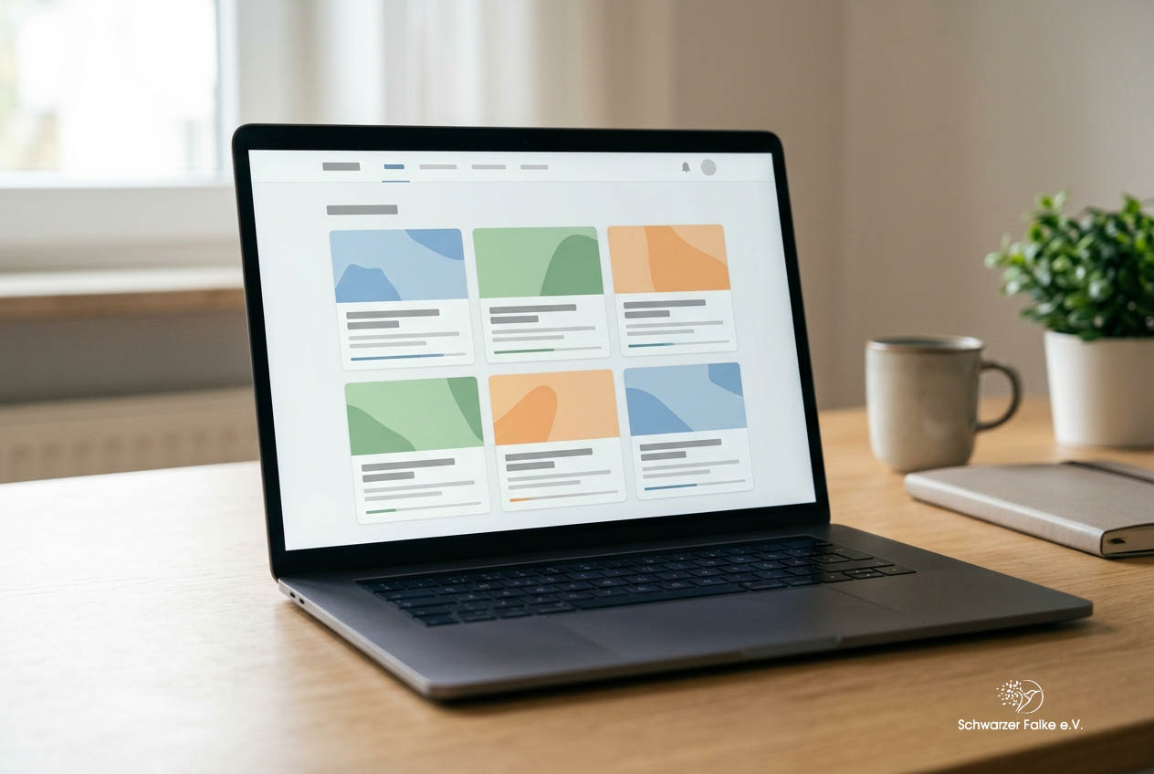 Nahaufnahme eines Laptop-Bildschirms mit einer Kursübersicht der Lernplattform, im unscharfen Hintergrund ein Schreibtisch, keine Personen erkennbar.
