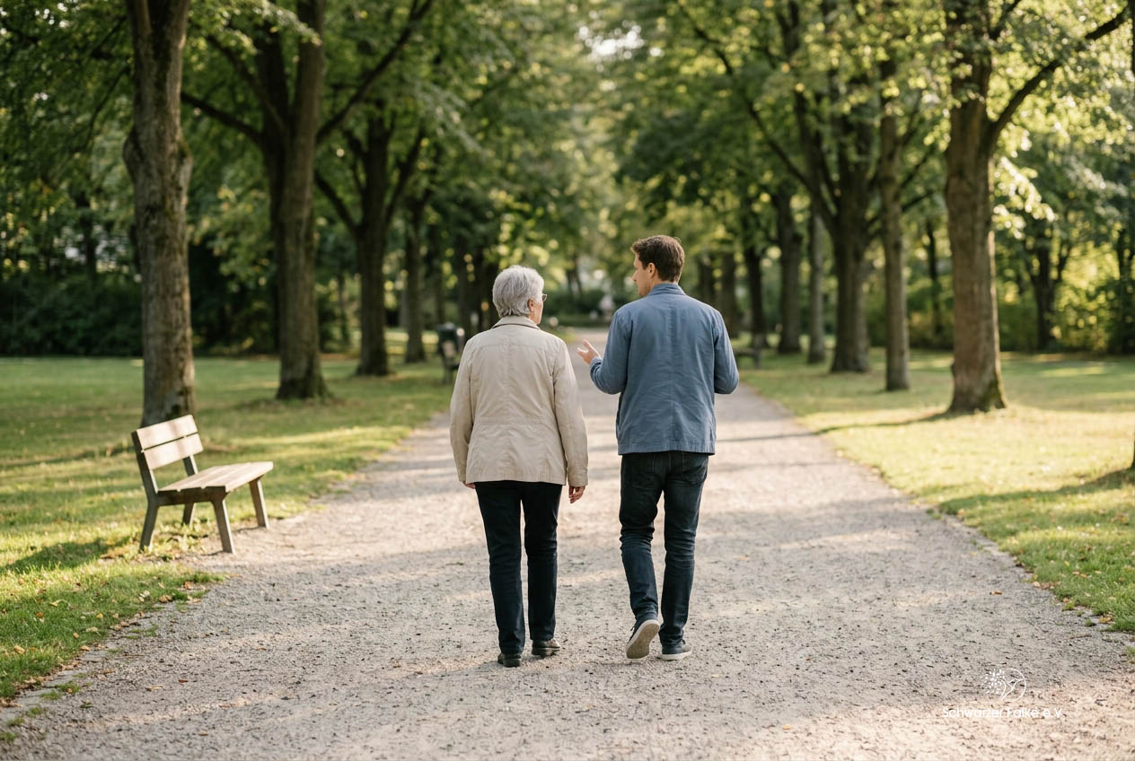 Zwei Personen von hinten, im Gehen auf einem Parkweg, Gesichter nicht erkennbar.