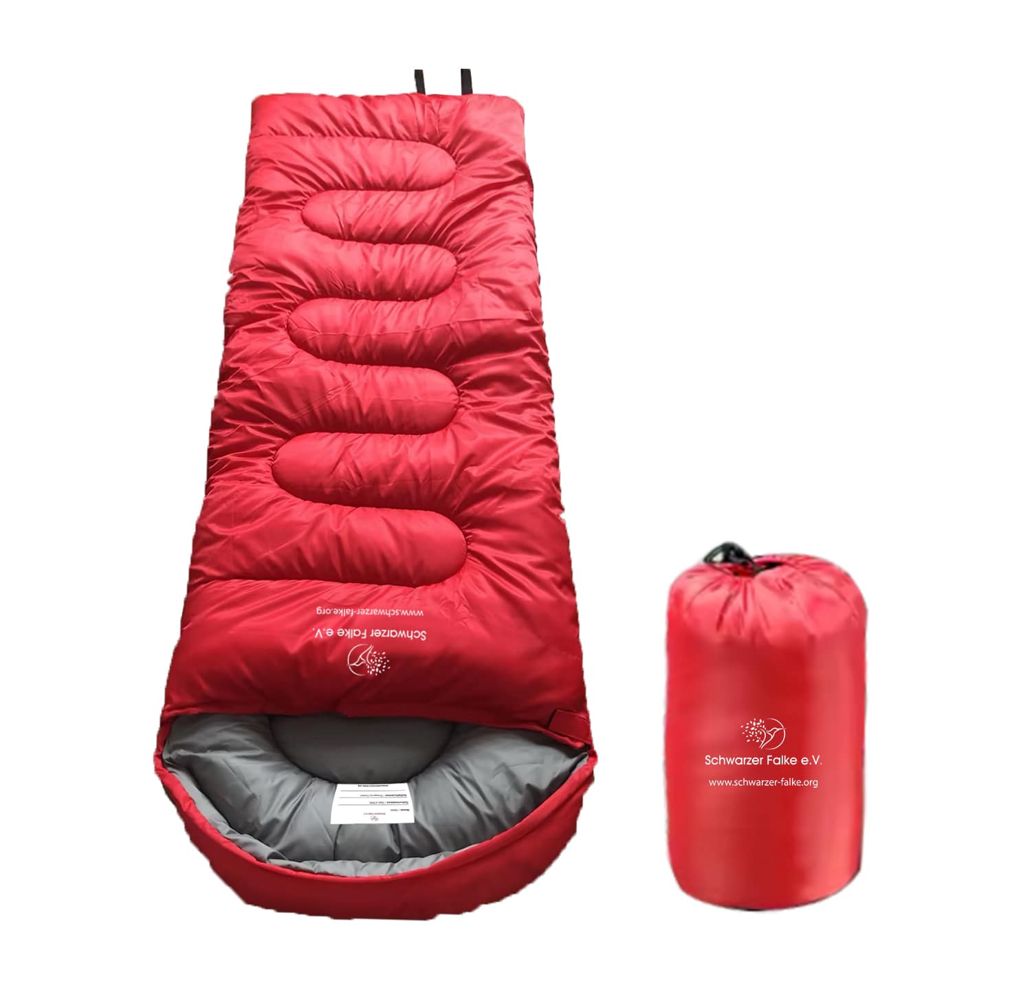 Roter Schlafsack mit Schwarzer Falke e. V.-Logo und passendem Packsack